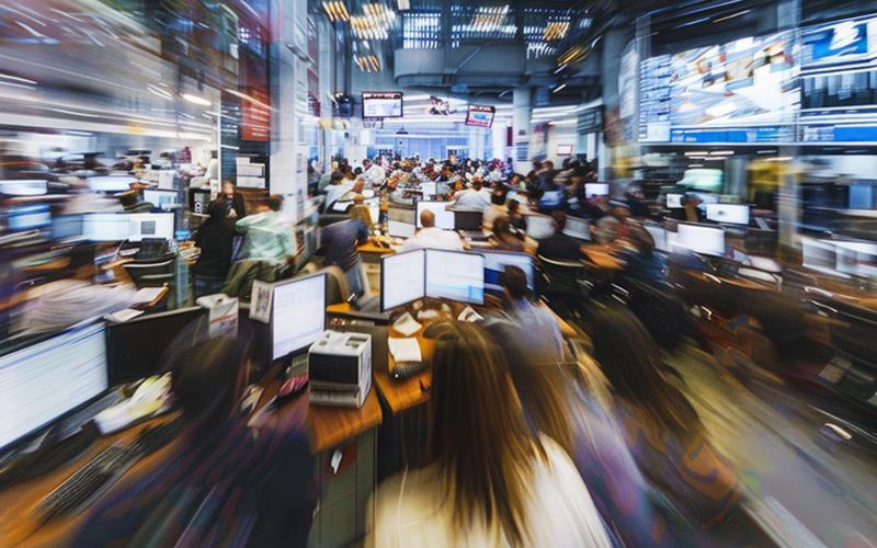 A blurred image of a busy office with a sign that says ' a few minutes ago ' on it