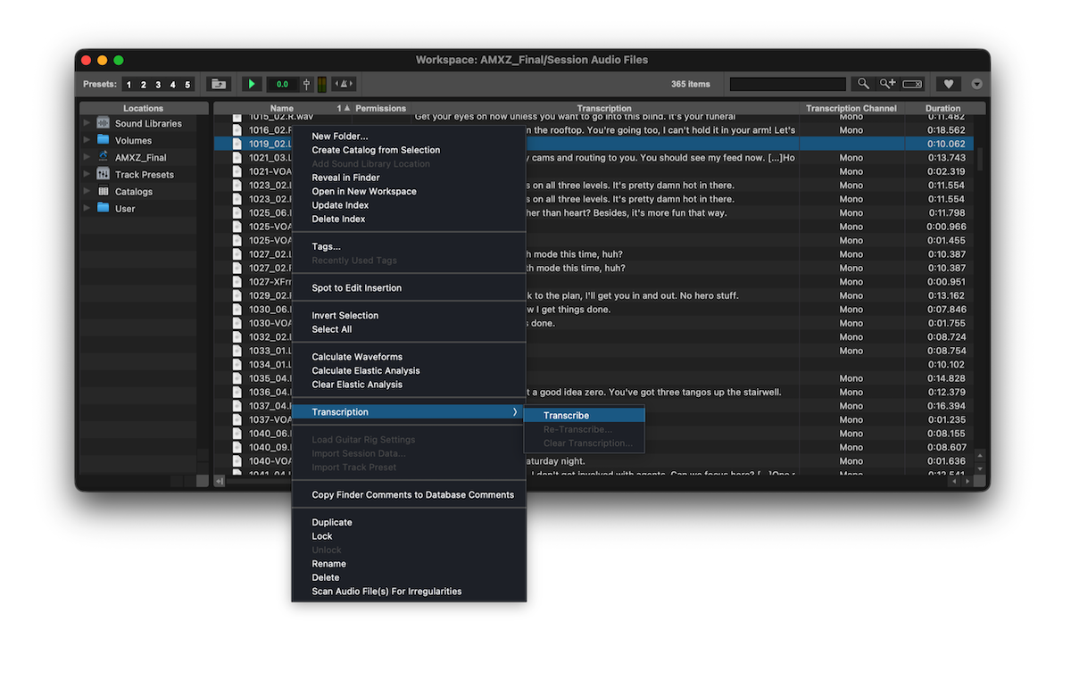 ワークスペースでのトランスクリプション